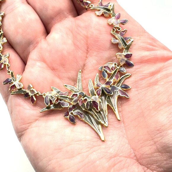 Rare Vintage 14K Yellow Gold Plique a  Jour Necklace Flower Design 22 Grams - Picture 11 of 11